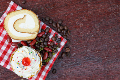 High angle view of dessert on table