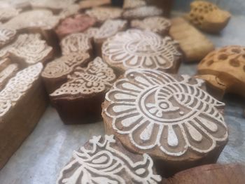 High angle view of cookies on table