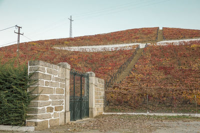 Brick wall and mountains against clear sky