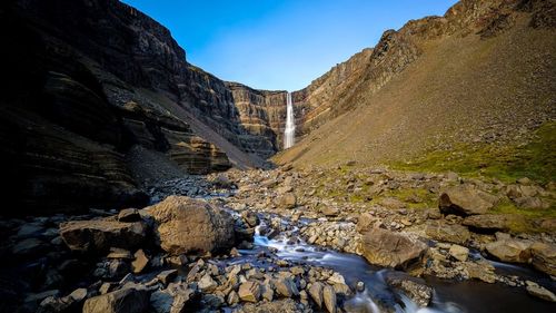 Scenic view of waterfall against clear sky