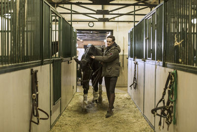 Full length of young man walking with horse in stable