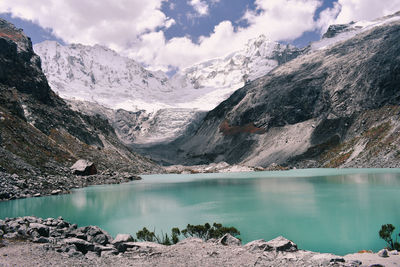 Scenic view of lake and snowcapped mountains against sky