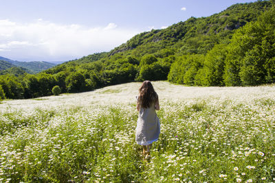 Women with dress in field of daisy flowers during sunlight