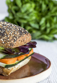Close-up of burger on table