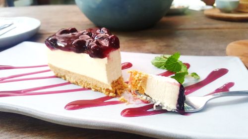 Close-up of dessert served on table