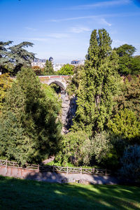 Trees by arch bridge against sky