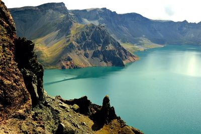 Scenic view of lake and mountains against sky