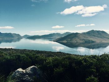 Scenic view of lake and mountains against sky