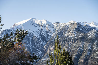 Scenic view of snowcapped mountains against clear sky