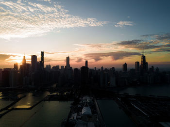 Panoramic view of buildings in city against sky during sunset