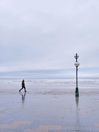 Rear view of man standing on beach against sky