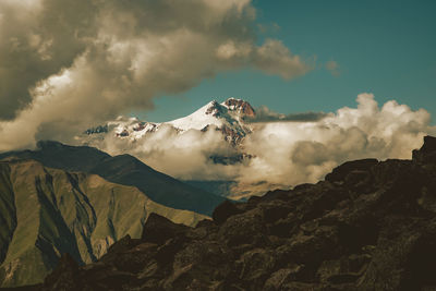 Panoramic view of volcanic mountain against sky