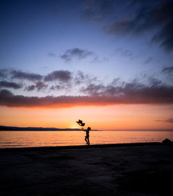 Silhouette man on beach against sky during sunset