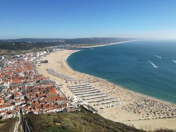 High angle view of beach against clear blue sky