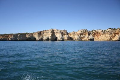 Scenic view of sea against clear blue sky