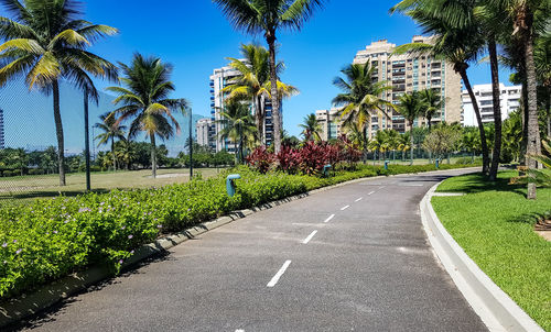 Road amidst trees and plants in city against sky