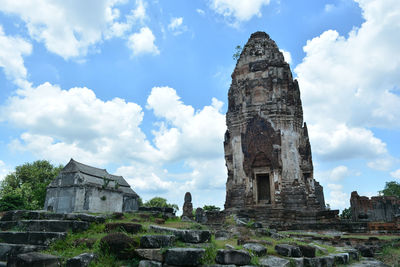 Low angle view of old temple building against sky