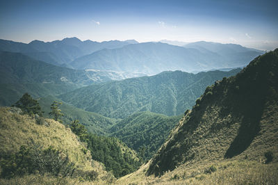 Panoramic view of landscape and mountains against sky