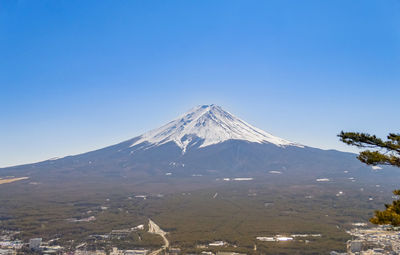 Scenic view of snowcapped fuji mountains against clear blue sky