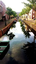 Reflection of trees in canal against sky