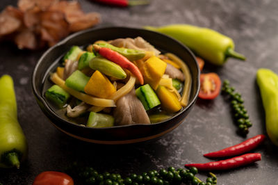 Close-up of chopped vegetables in bowl on table