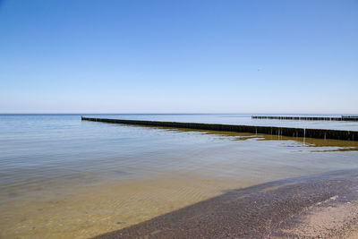 Scenic view of sea against clear blue sky