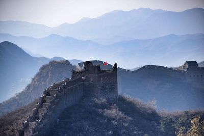 High angle view of great wall of china and mountain range