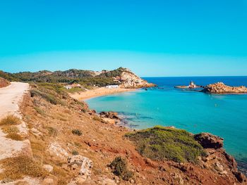 Scenic view of sea against clear blue sky