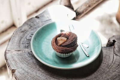 High angle view of dessert in plate on table