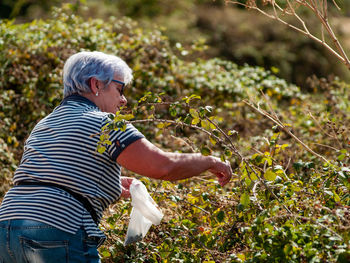 Senior woman gardening on field