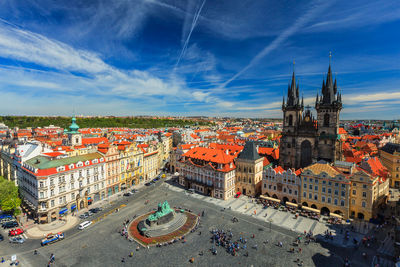 View of stare mesto square old city square and tyn church tynsky chram from town hall