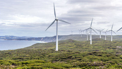 Windmills on landscape against sky