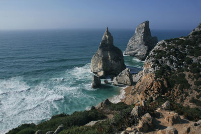 Panoramic view of sea against clear blue sky