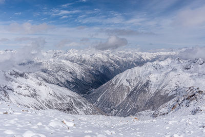 Aerial view of snowcapped mountains against sky