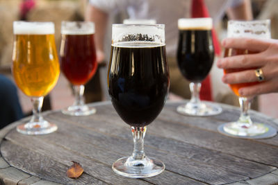 Close-up of wine glasses on table