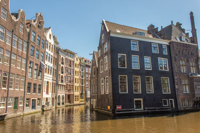 Buildings by canal against sky