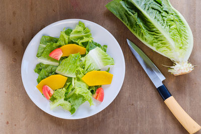 High angle view of salad in plate on table