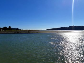 Scenic view of sea against clear blue sky