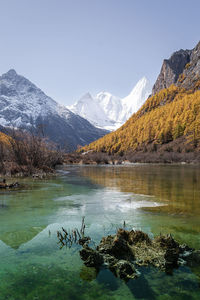 Scenic view of lake and snowcapped mountains against sky