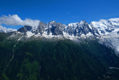 Scenic view of snowcapped mountains against blue sky