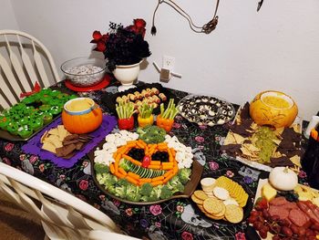 High angle view of various vegetables on table