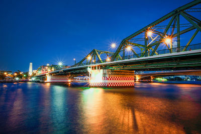 Illuminated bridge over river at night