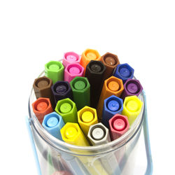 High angle view of multi colored pens against white background