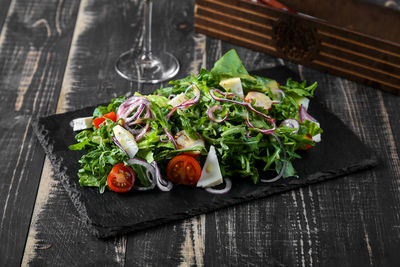 High angle view of food in plate on table