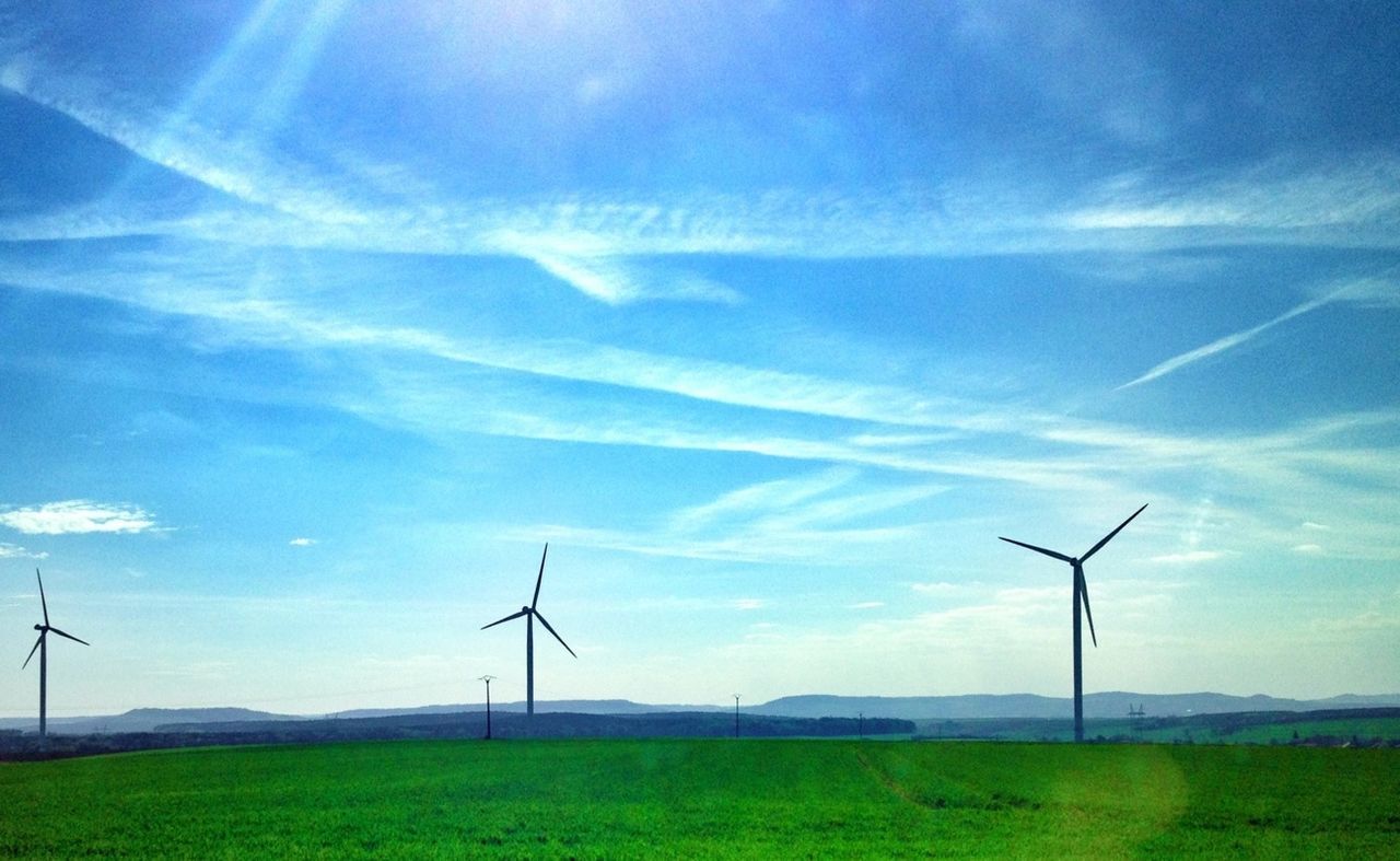 wind power, alternative energy, wind turbine, windmill, environmental conservation, renewable energy, fuel and power generation, landscape, field, rural scene, technology, tranquil scene, tranquility, grass, sky, scenics, blue, nature, beauty in nature, horizon over land