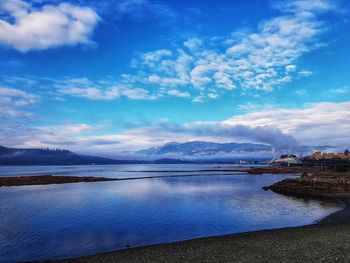 Scenic view of sea against blue sky