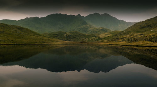 Scenic view of lake and mountains against sky