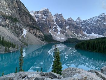 Scenic view of snowcapped mountains and lake against sky