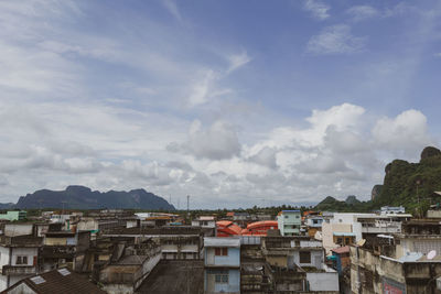 High angle view of buildings against sky