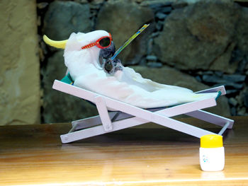 Artificial cockatoo on toy chair over table against wall